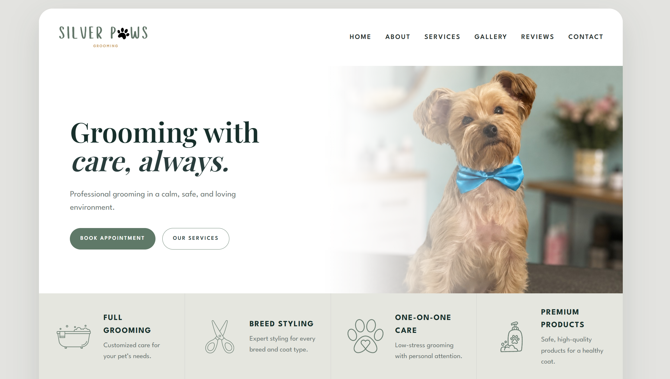 Silver Paws Grooming website displayed in a browser